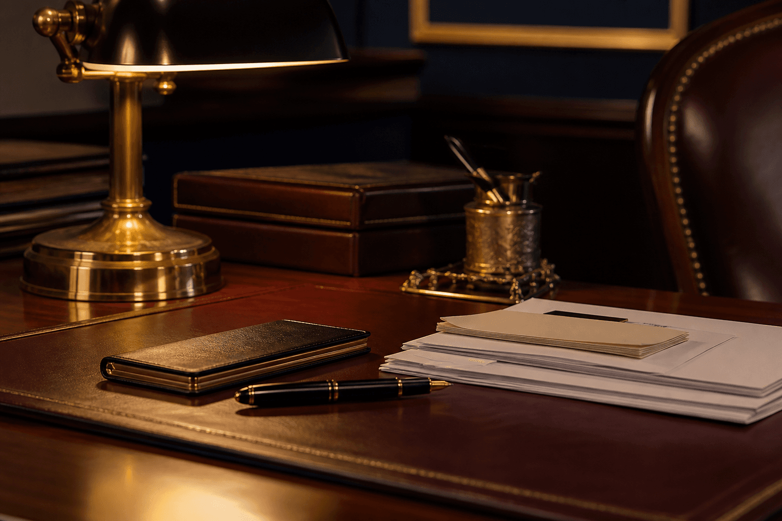 Redwick Bank — mahogany desk with checkbook and statements