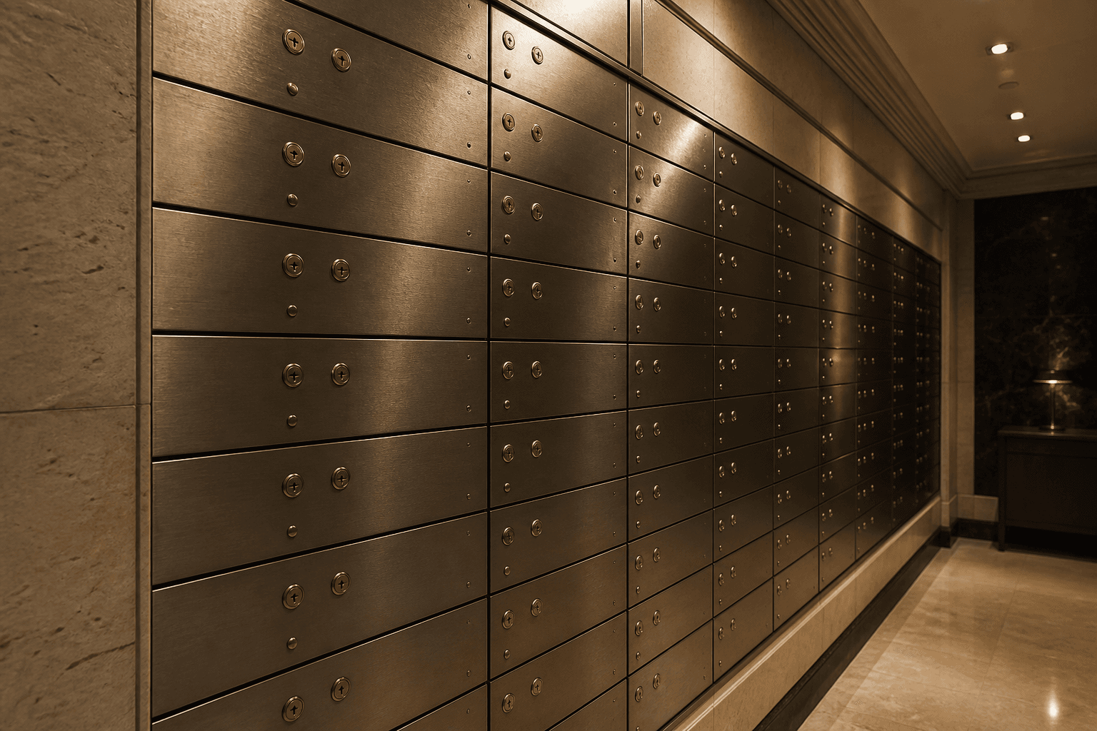 Redwick Bank — numbered steel safe-deposit boxes with brass locks